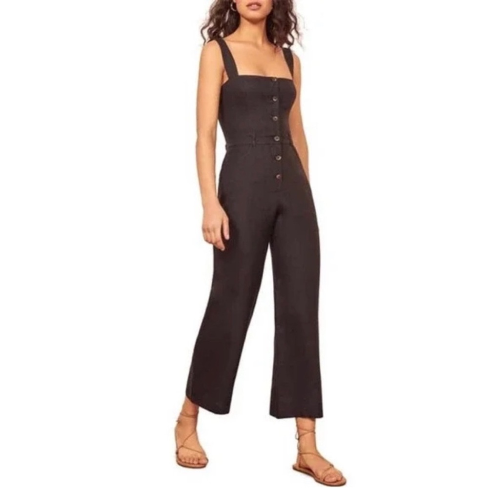 Reformation Tyler Black Linen Cropped Jumpsuit SZ 0